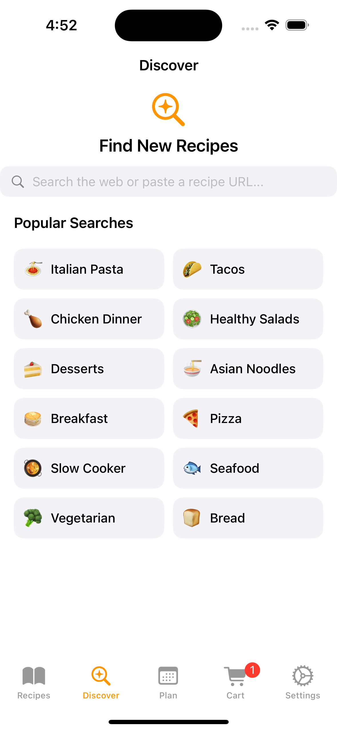 The Discover tab showing recipe search suggestions