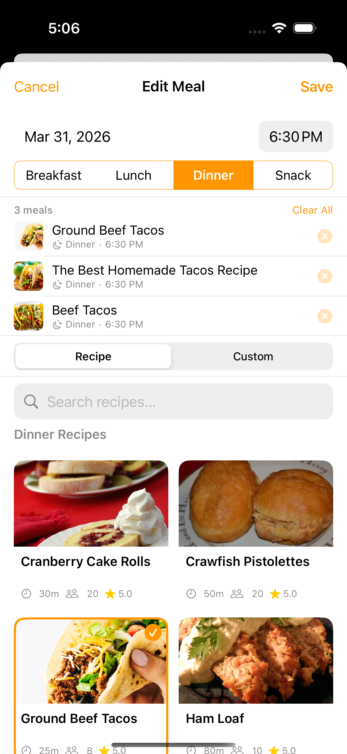 Meal planner calendar view showing weekly meal slots