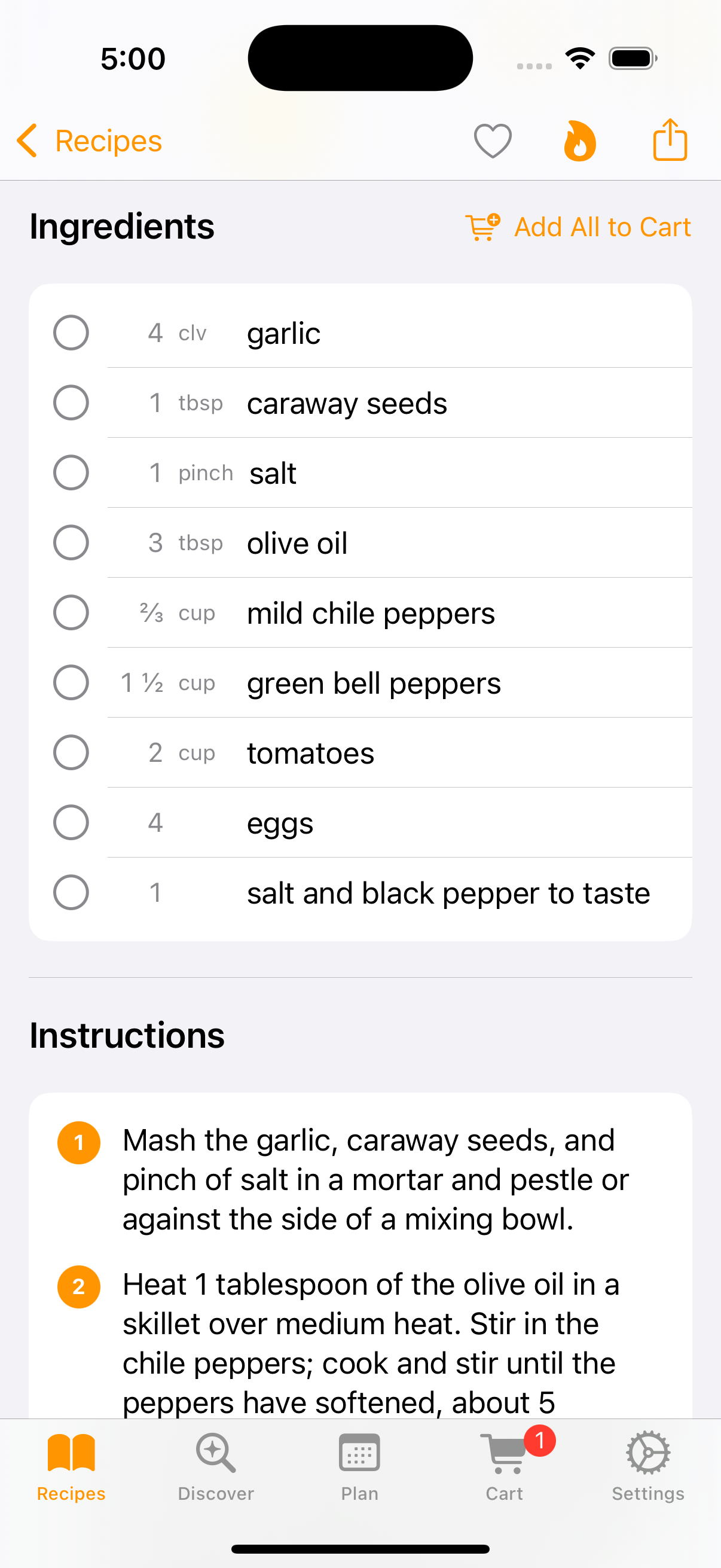 Recipe detail view with serving scaler and ingredient checklist