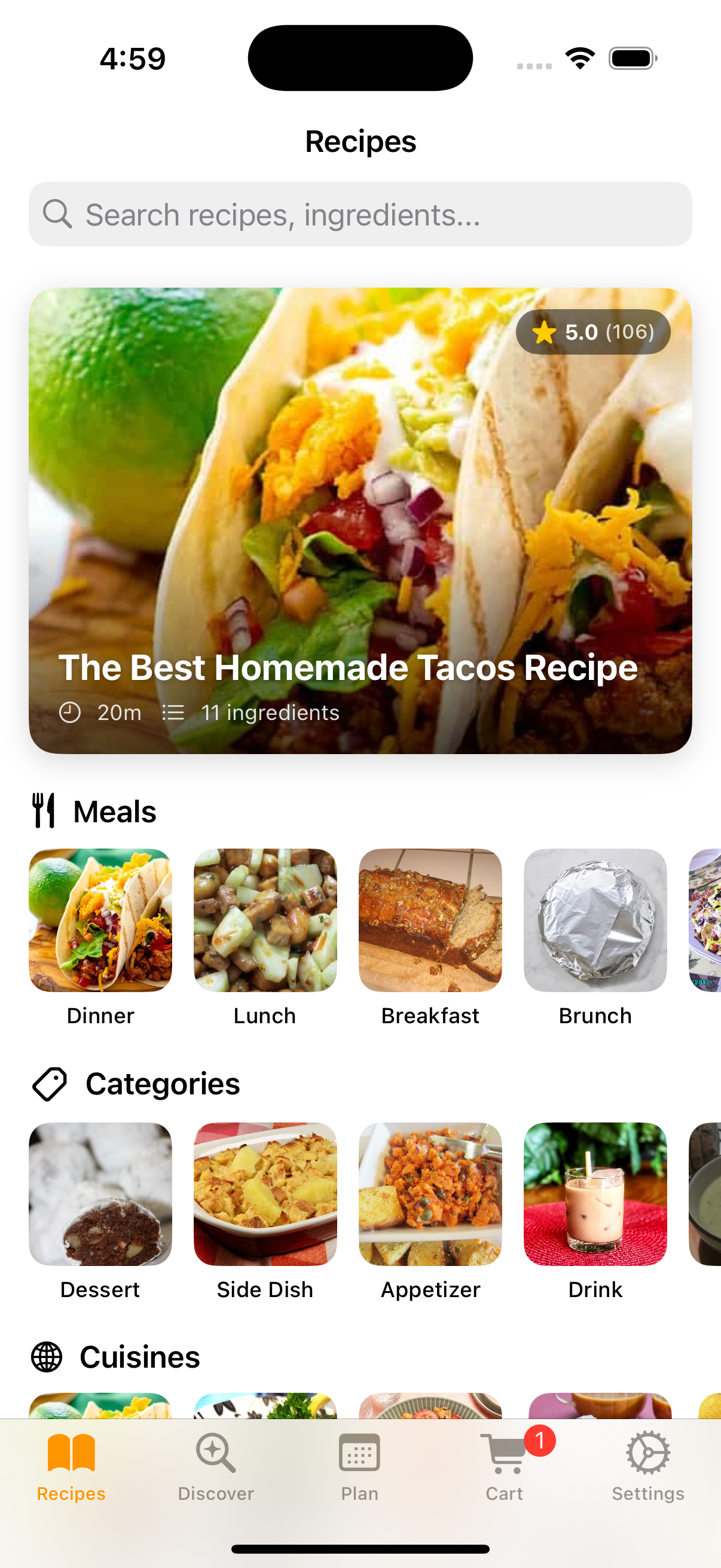 Recipes tab browse hub with categories and featured recipes