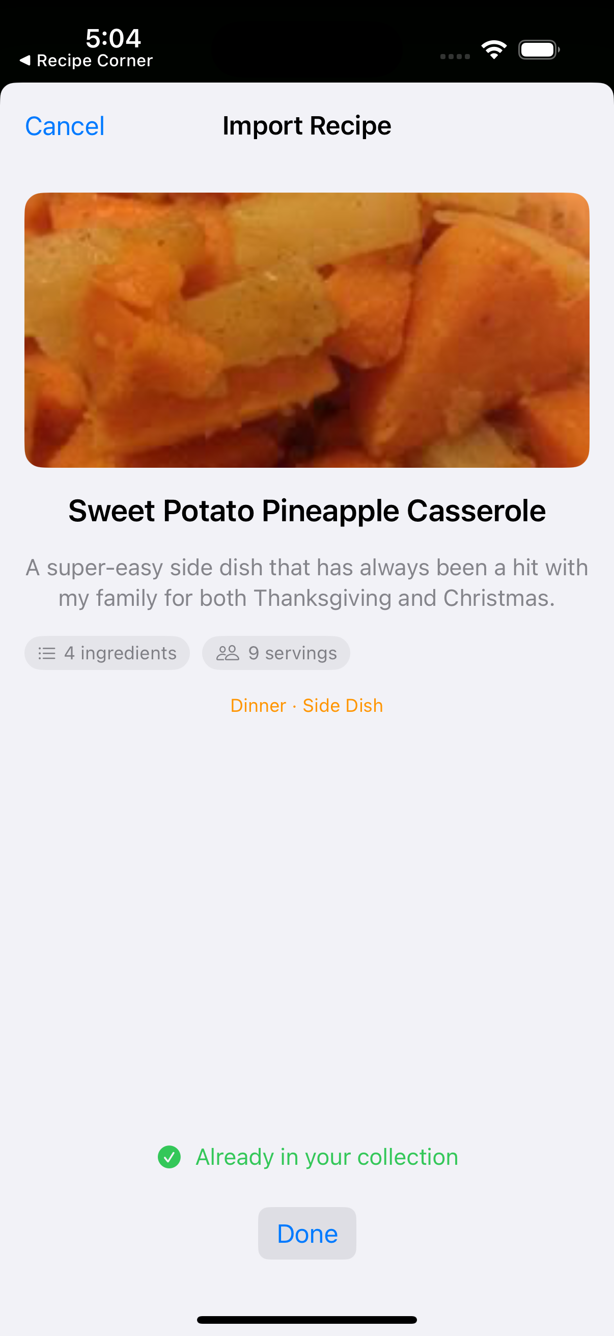 Safari share extension importing a recipe into Recipe Corner