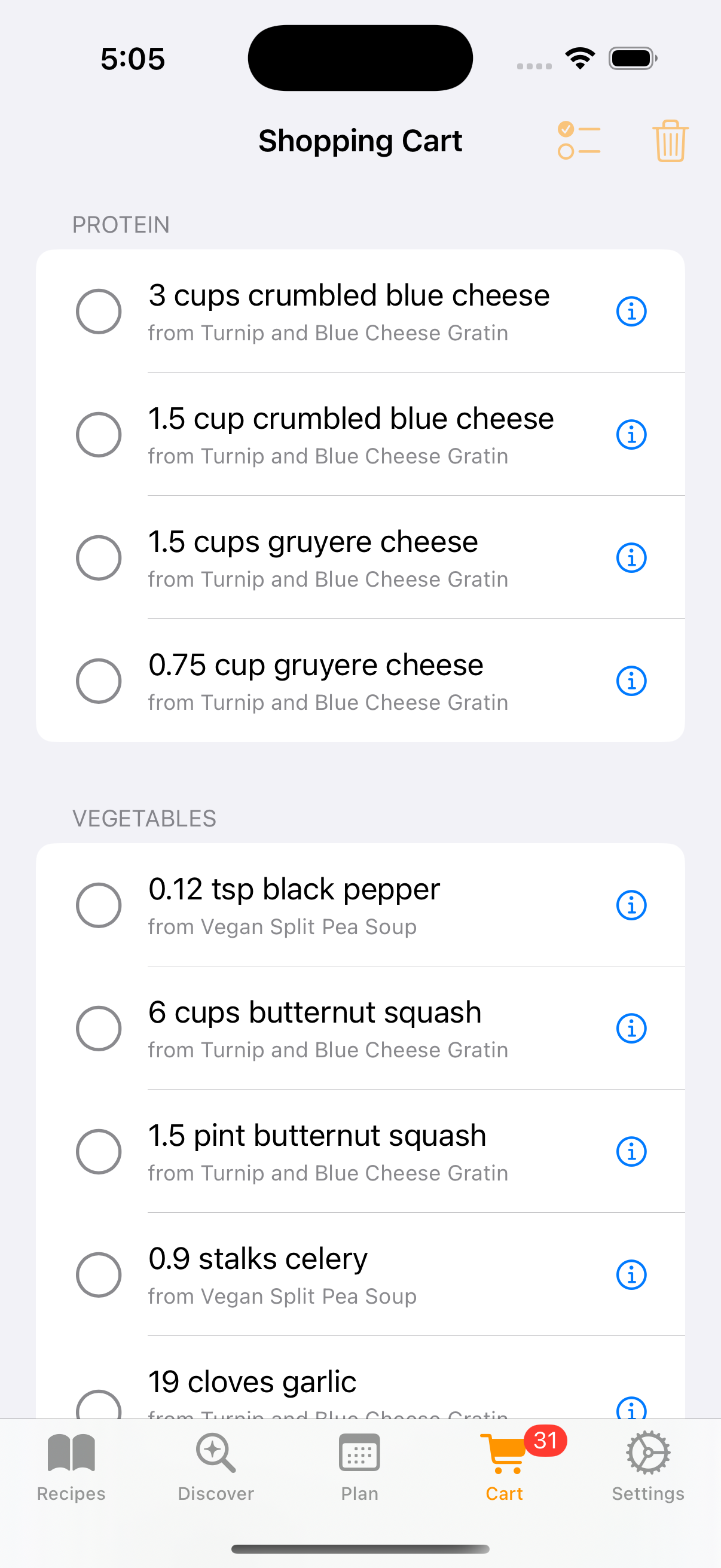 Shopping cart grouped by category with checked-off items